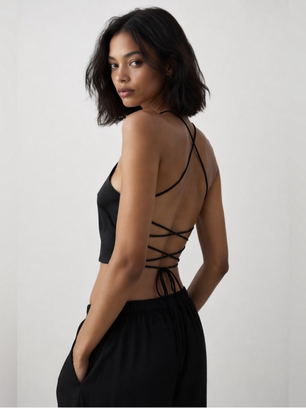 NWT Zara Black Satin Lace-Up Back Tank Top
